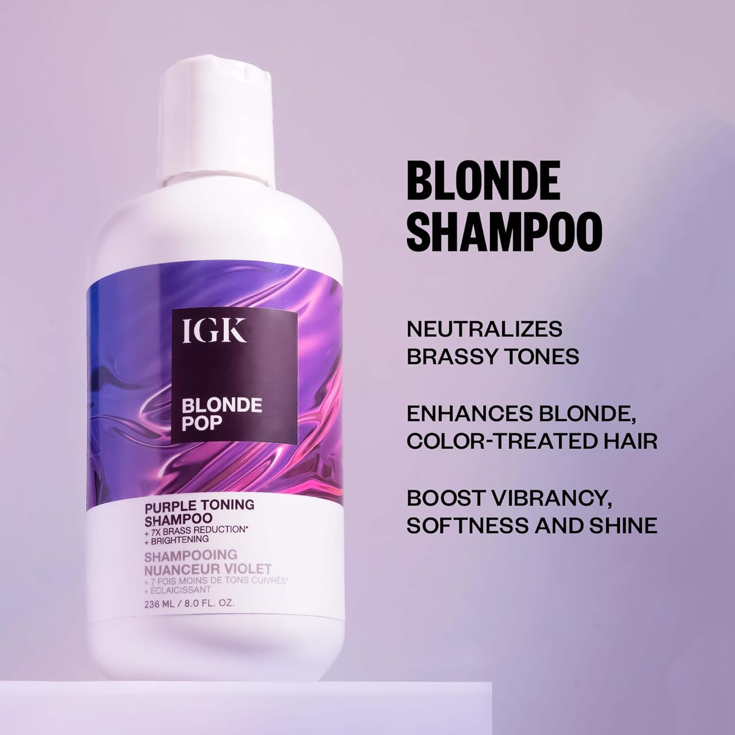 IGK Blonde Pop purple-toning conditioner bottle smooths and brightens highlighted hair.