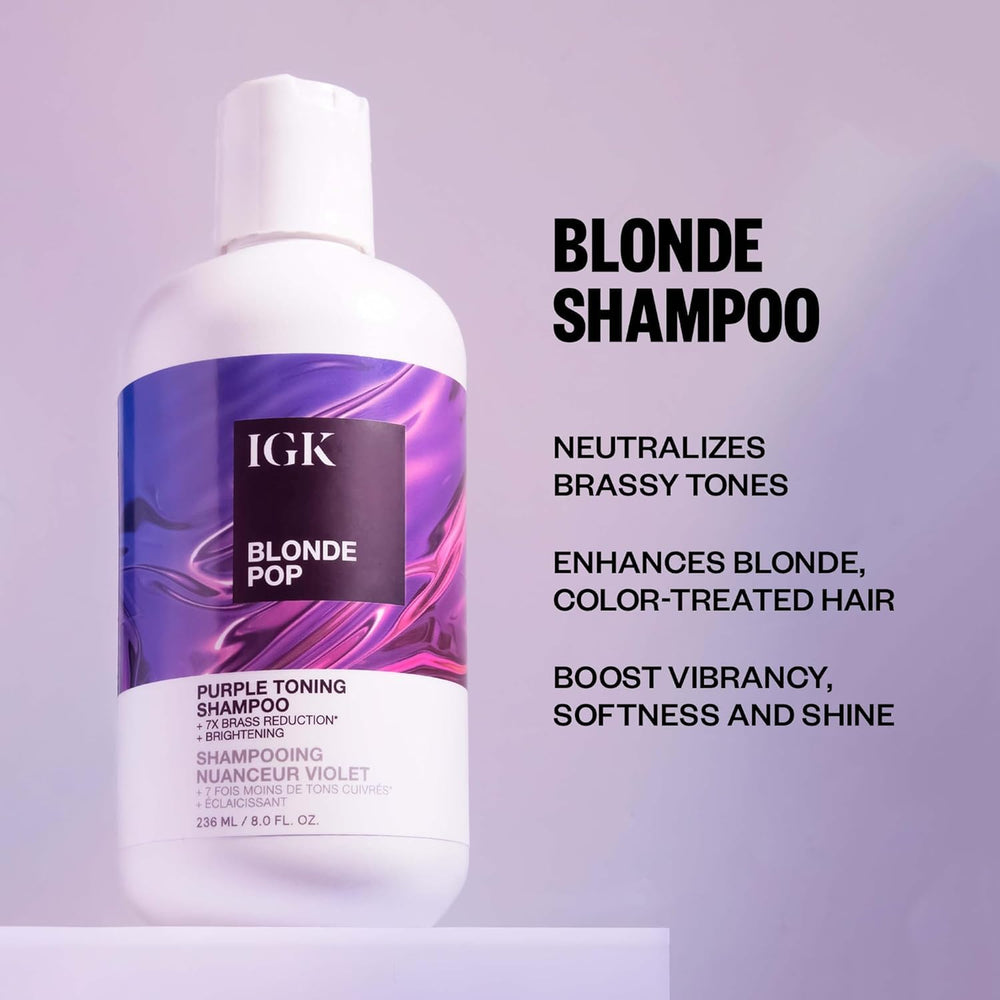 IGK Blonde Pop purple-toning conditioner bottle smooths and brightens highlighted hair.