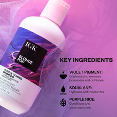 IGK Blonde Pop violet pigment with botanical extracts enhances color and reduces brassiness.