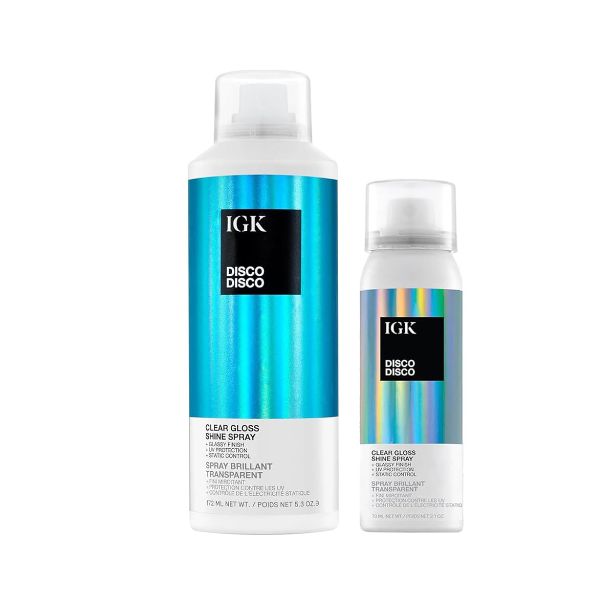 IGK Disco Disco Clear Gloss Spray full-size bottle delivers a lightweight, high-shine finish.