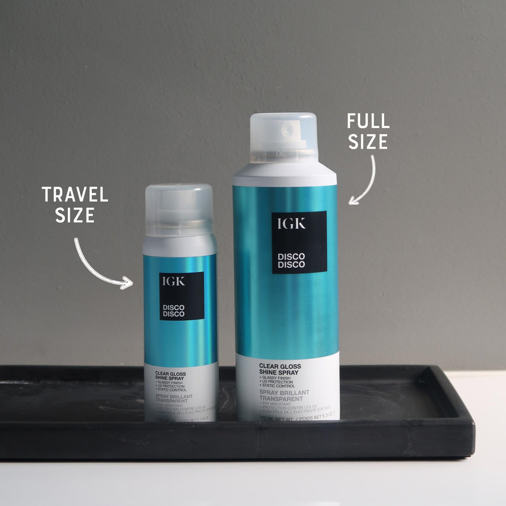 IGK Disco Disco Clear Gloss Spray travel-size bottle is perfect for on-the-go touch-ups.