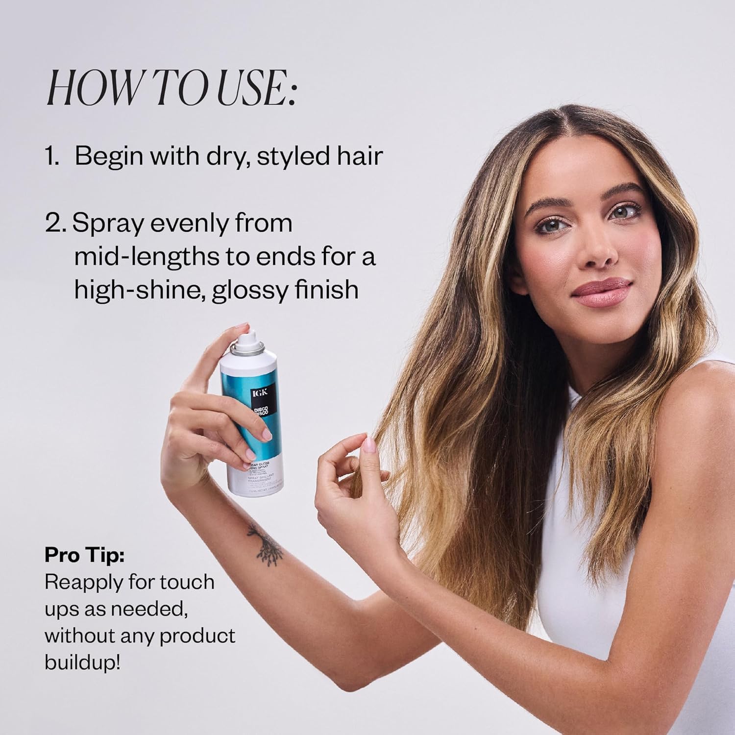 IGK Disco Disco spray provides heat and static protection for smoother styling.