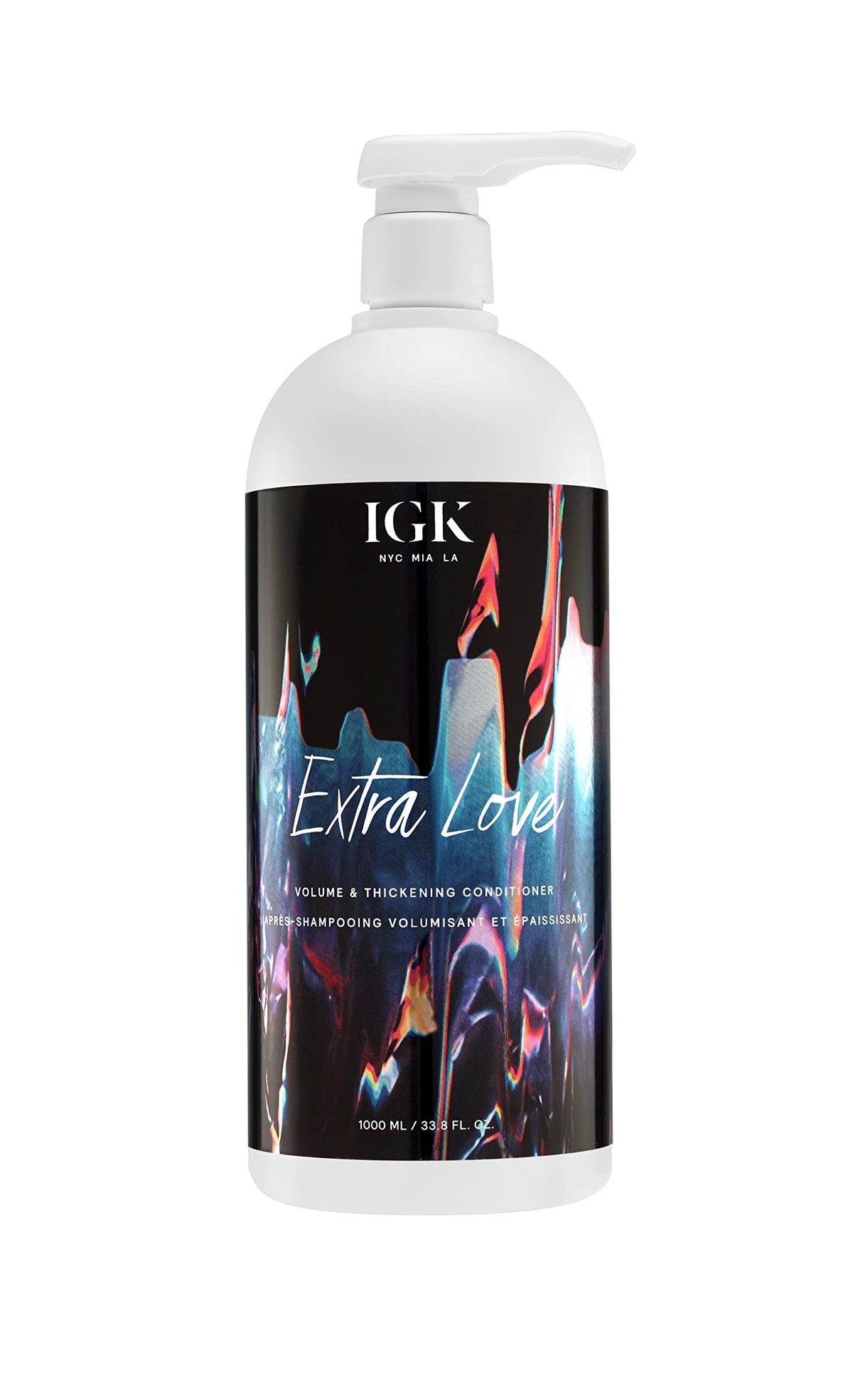 IGK Extra Love Volume & Thickening Conditioner bottle profile shows lightweight hydration and fullness