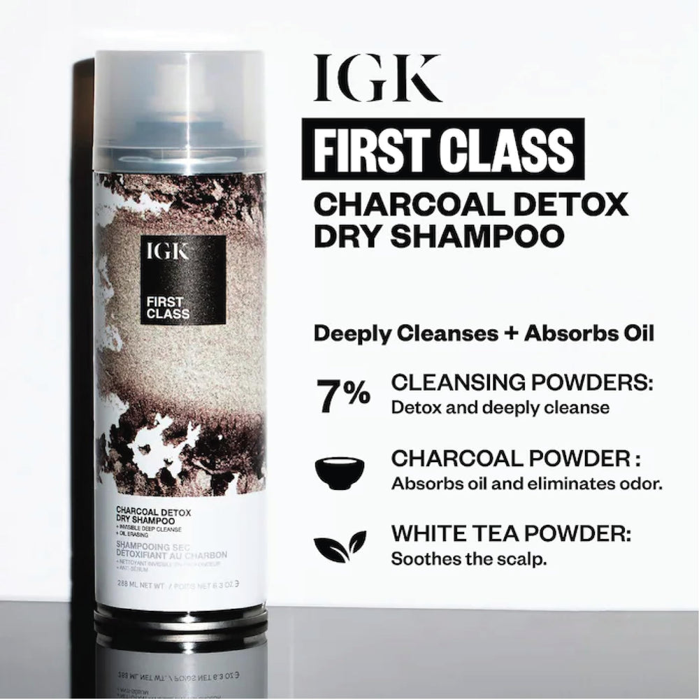 IGK First Class Charcoal Detox Dry Shampoo eliminates workout odor with charcoal detox.