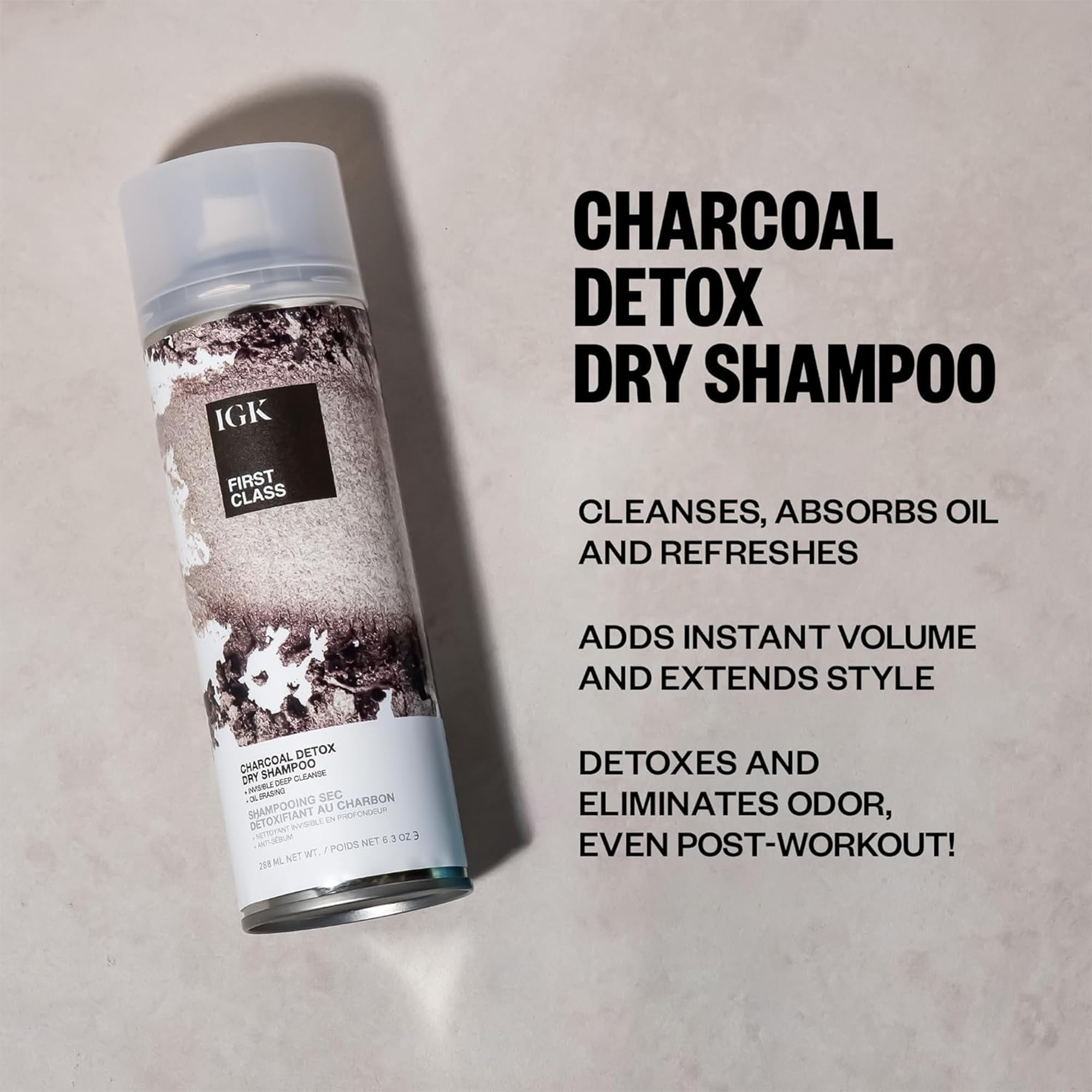 IGK First Class Charcoal Detox Dry Shampoo ready-to-use at roots with quick shake and spray.