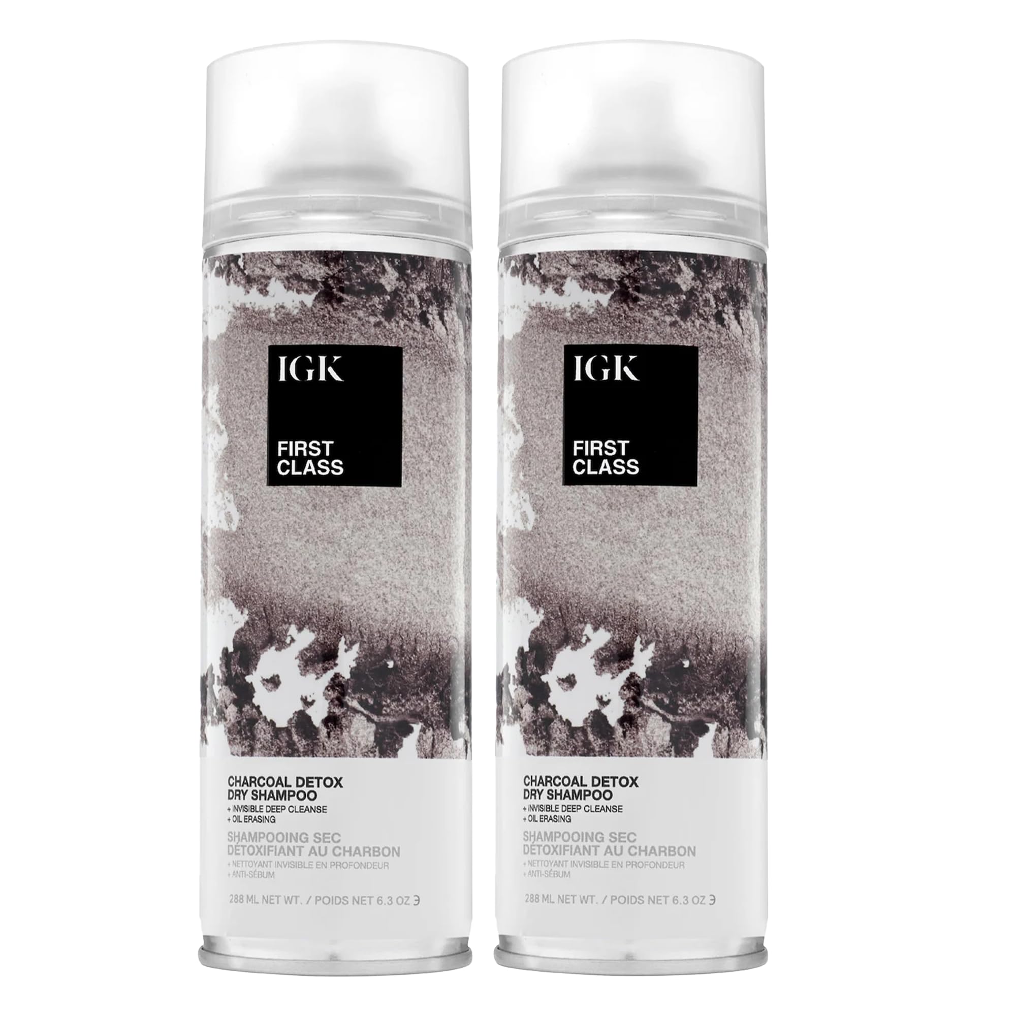 IGK First Class Charcoal Detox Dry Shampoo cleanses roots, removing oil and buildup for refreshed hair.