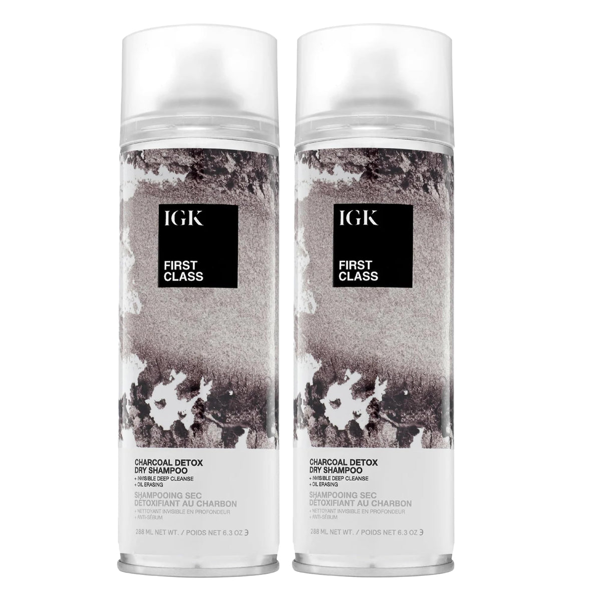 IGK First Class Charcoal Detox Dry Shampoo cleanses roots, removing oil and buildup for refreshed hair.