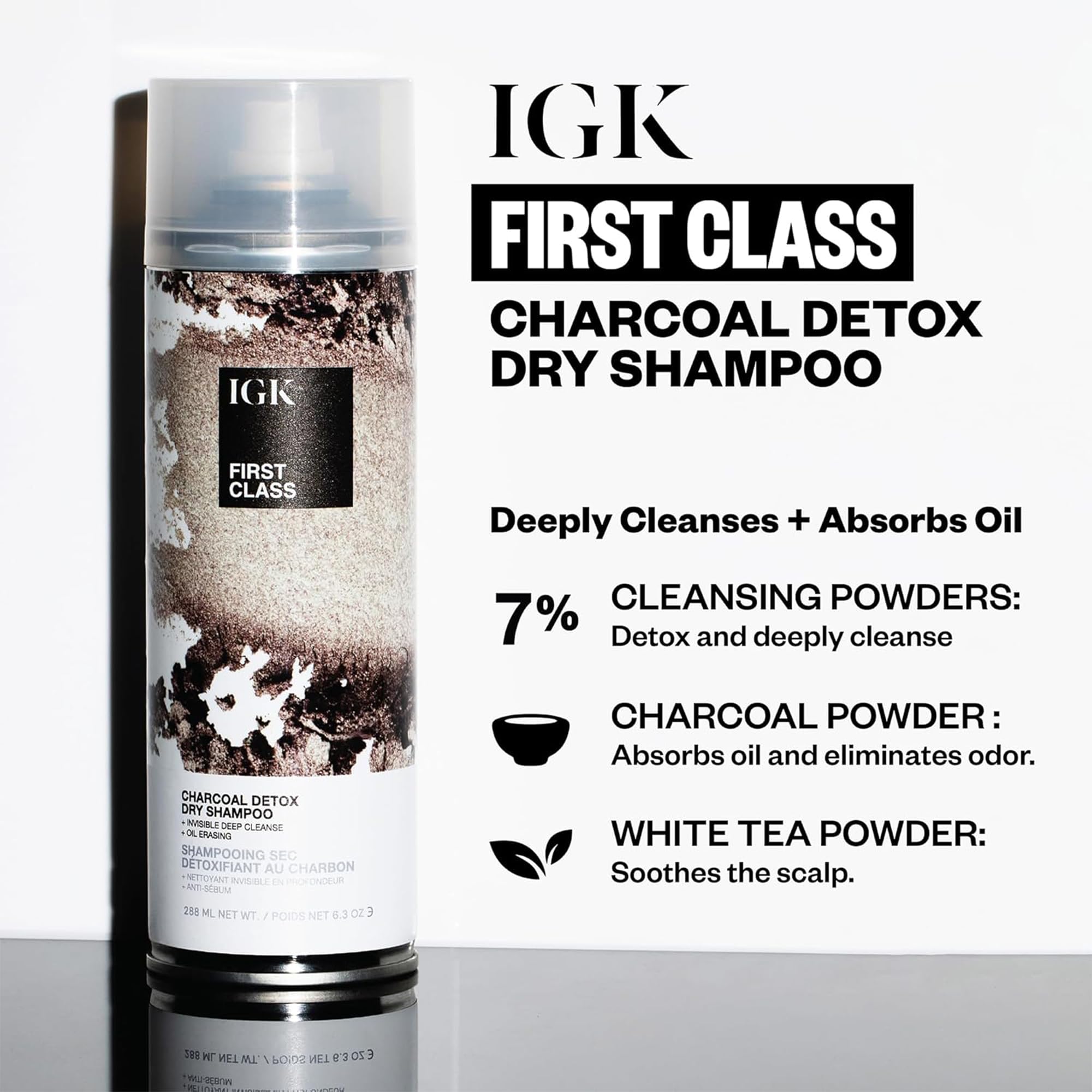 IGK First Class Charcoal Detox Dry Shampoo leaves a lightweight, non-sticky finish.