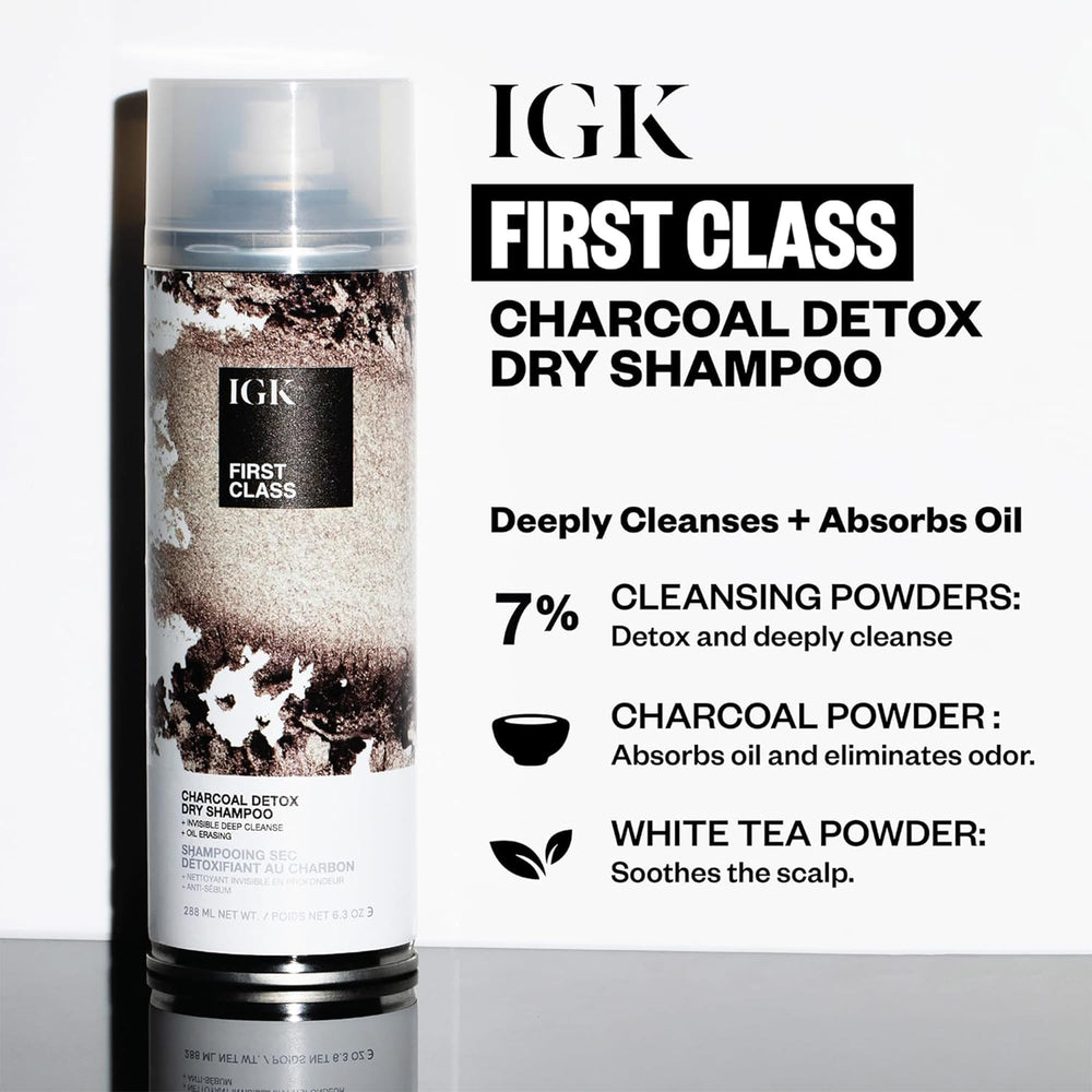 IGK First Class Charcoal Detox Dry Shampoo leaves a lightweight, non-sticky finish.