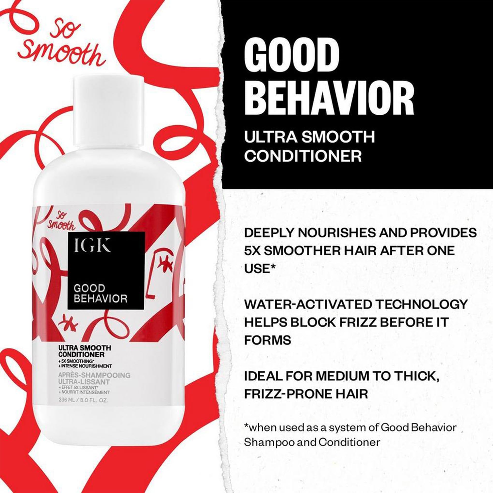 IGK Good Behavior shampoo and conditioner duo on display.