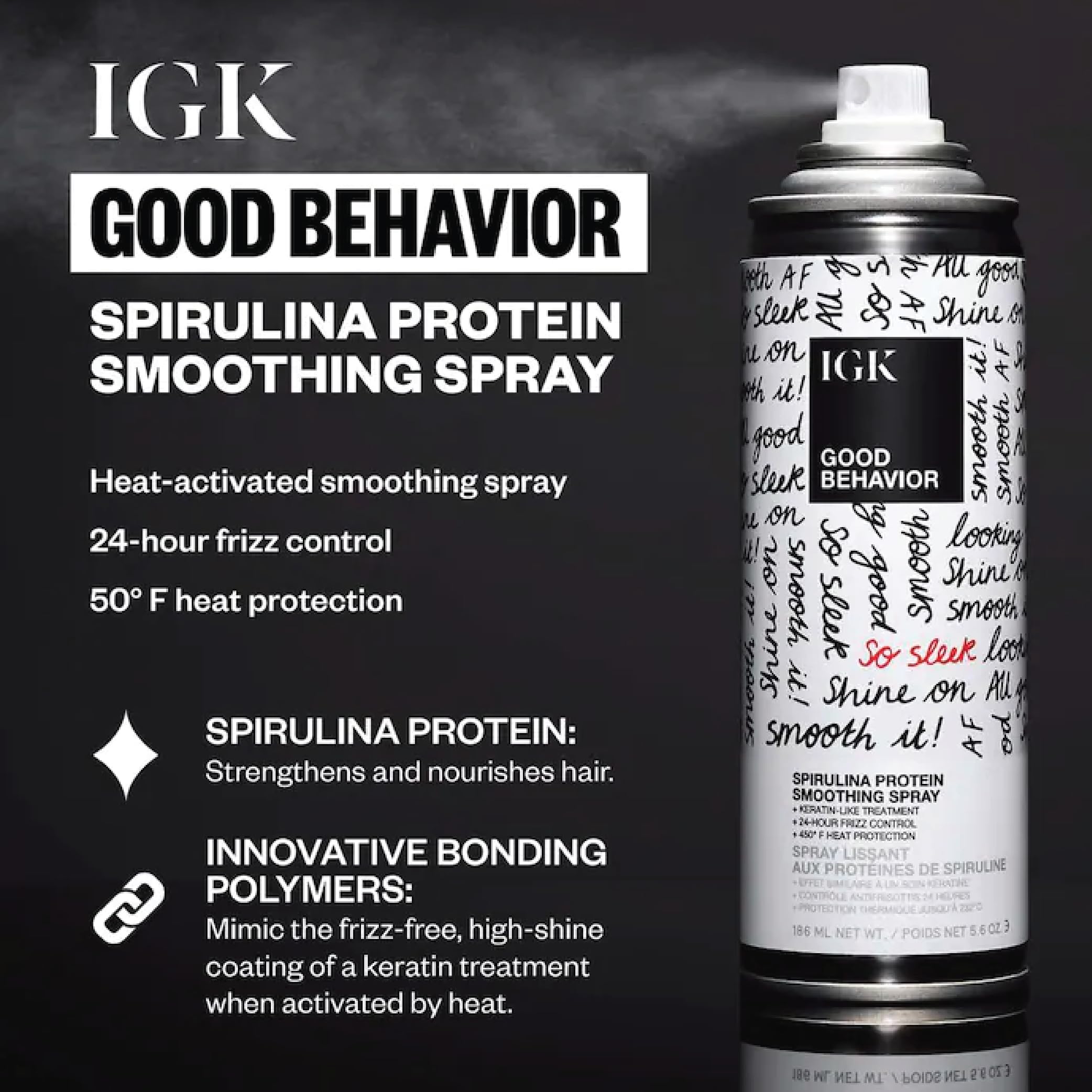 IGK Good Behavior Spirulina close-up highlights nourishing protein for smooth hair