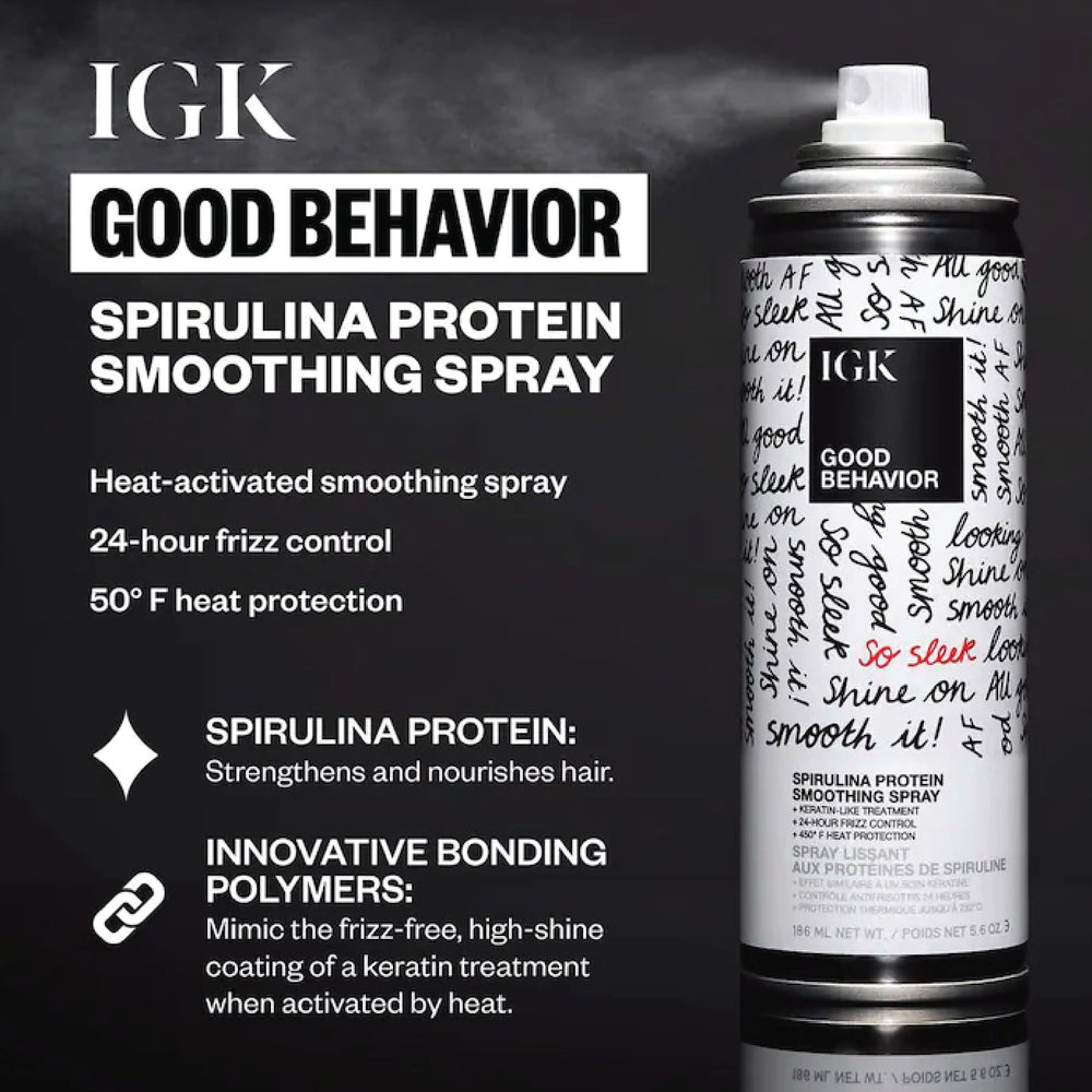IGK Good Behavior Spirulina close-up highlights nourishing protein for smooth hair