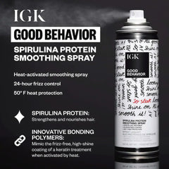 IGK Good Behavior Spirulina close-up highlights nourishing protein for smooth hair