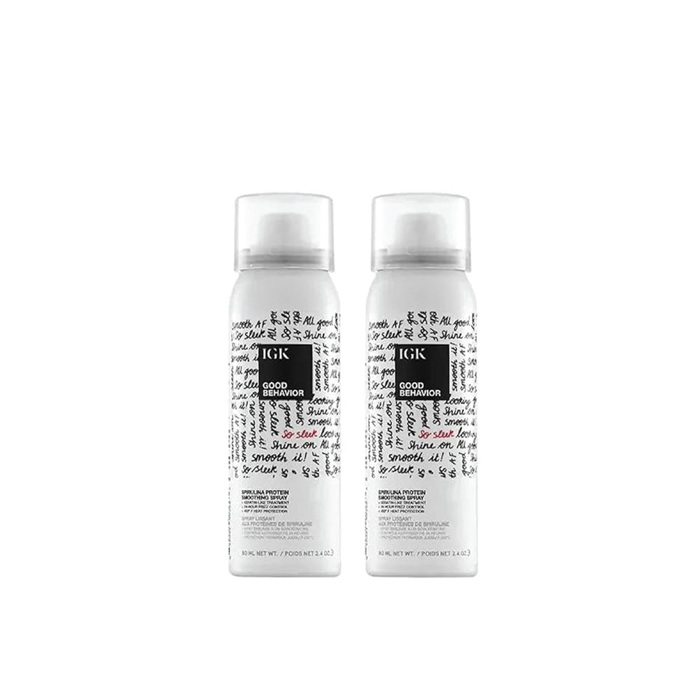 IGK Good Behavior smoothing hairspray bottle front with travel-friendly design for on-the-go styling