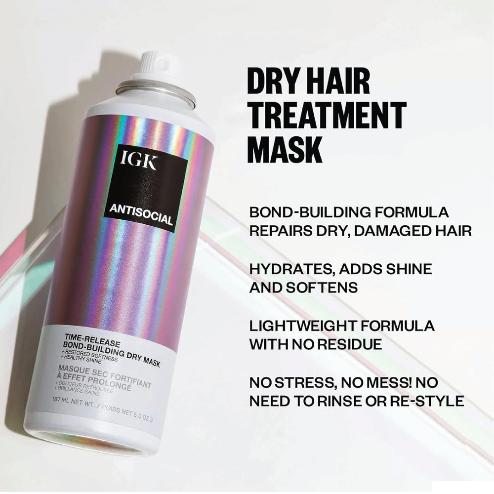 IGK Good Behavior spirulina smoothing spray bottle highlighting frizz control and shine