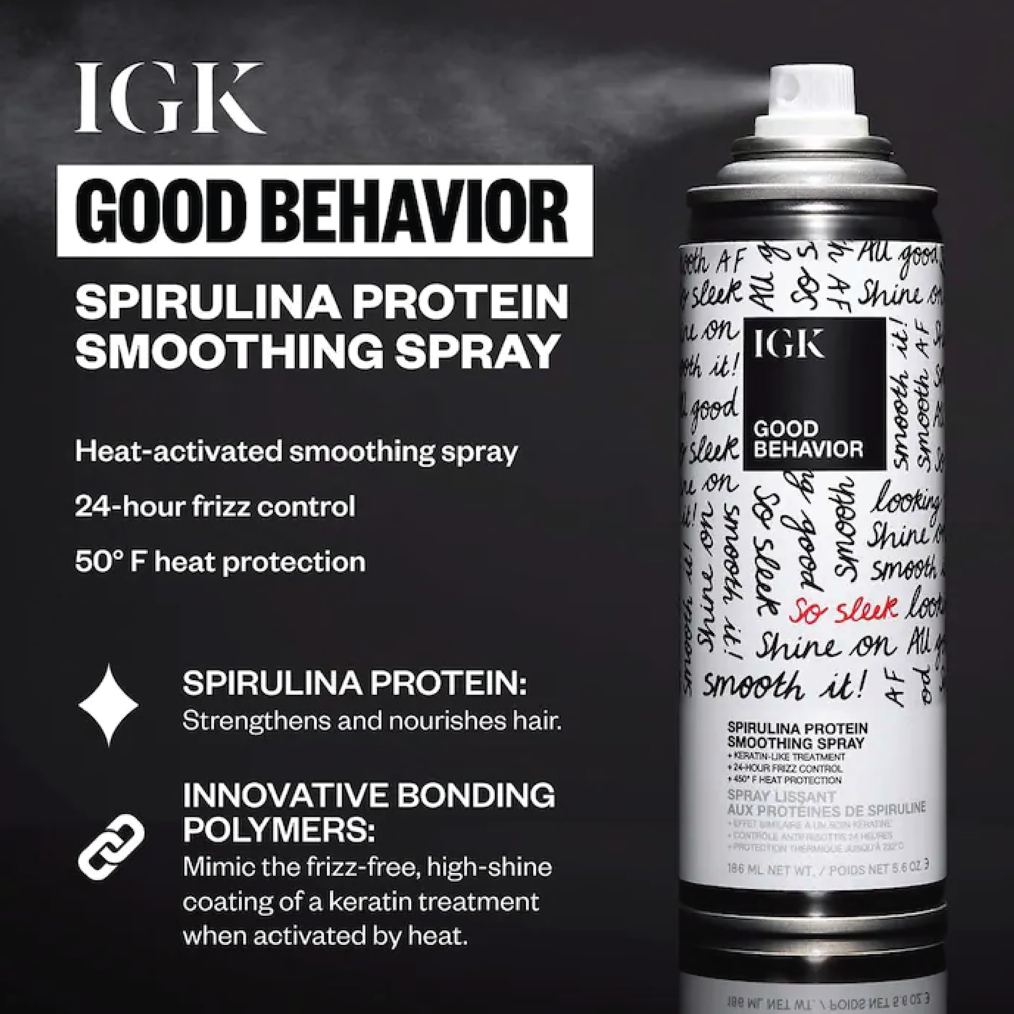 IGK Good Behavior spray close-up emphasizing heat-activated smoothing polymers