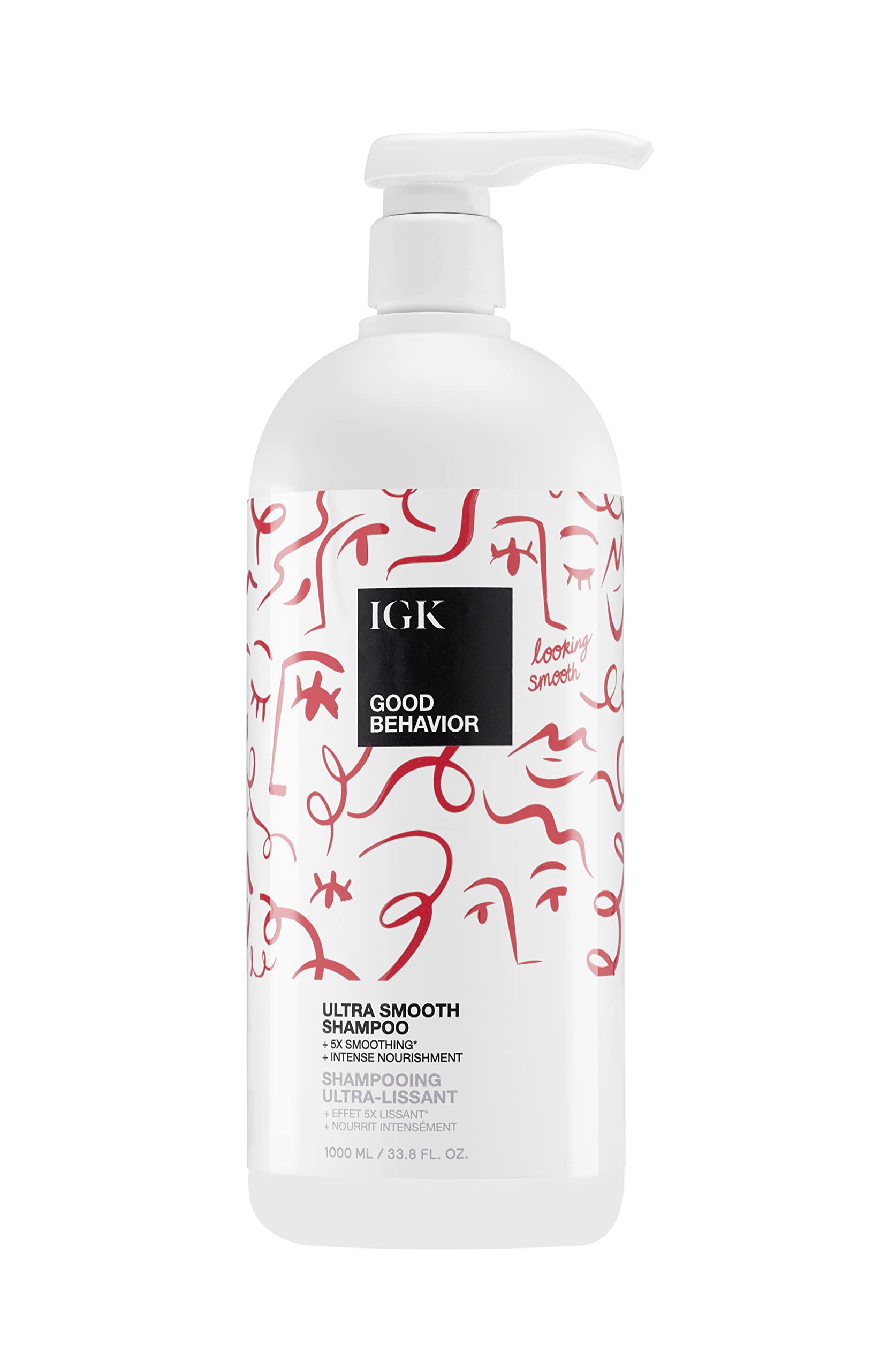 IGK Good Behavior Ultra Smooth Shampoo bottle front shows smoothing action for sleek, frizz-free hair.
