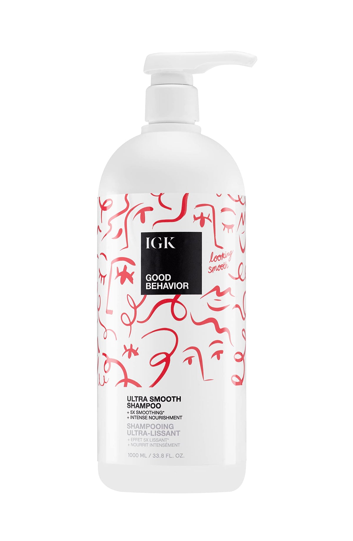 IGK Good Behavior Ultra Smooth Shampoo bottle front shows smoothing action for sleek, frizz-free hair.