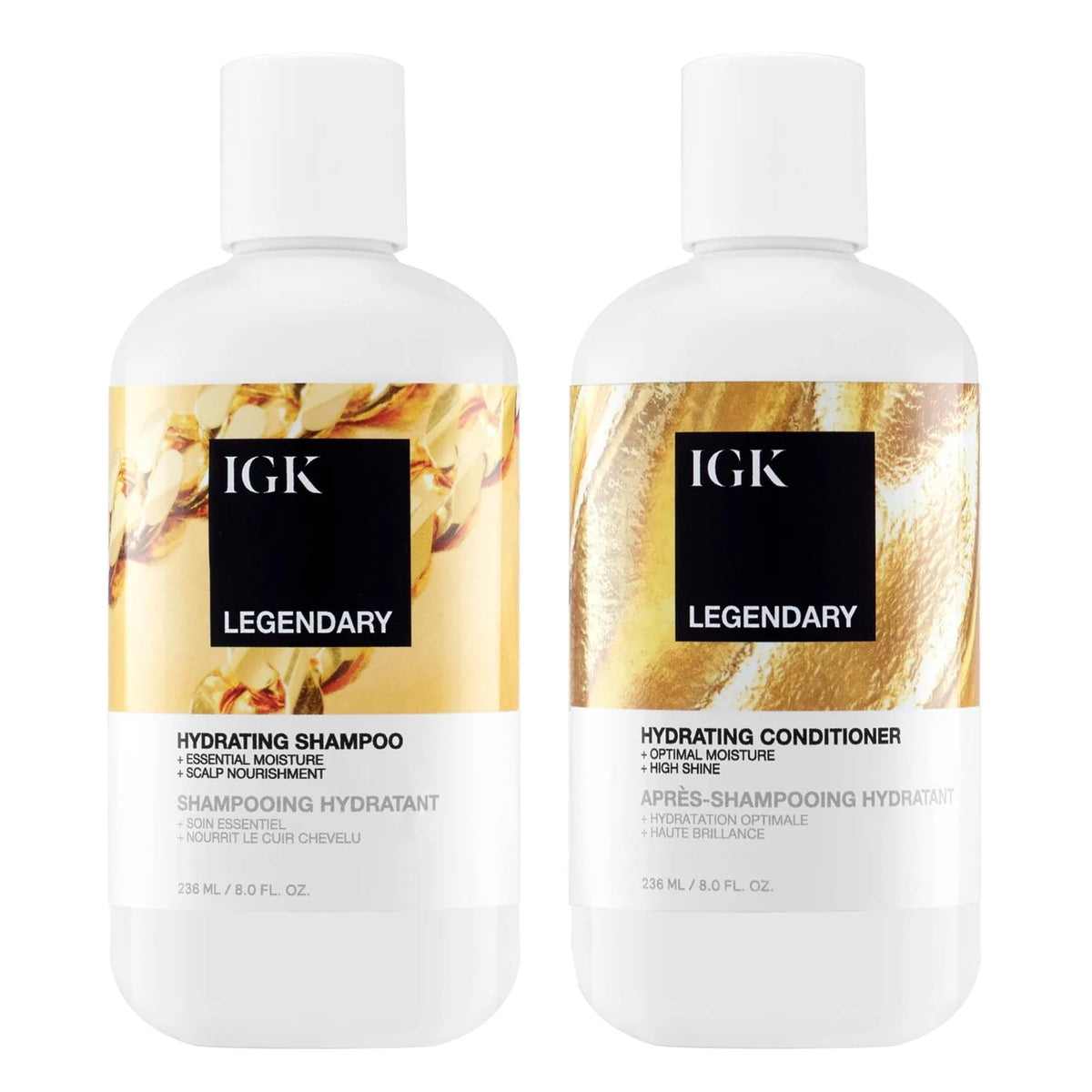 IGK Legendary Dream Shampoo bottle showing hydrating, shiny hair effect