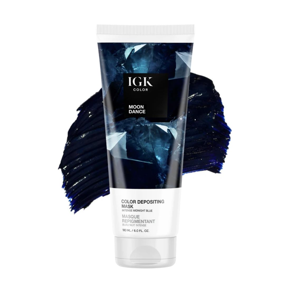 IGK Moon Dance color depositing mask bottle displays midnight blue tint for color refresh.