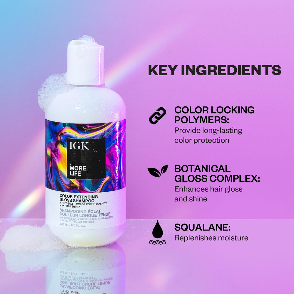 IGK More Life shampoo foamy lather demonstrating cleansing and gloss-enhancing formula