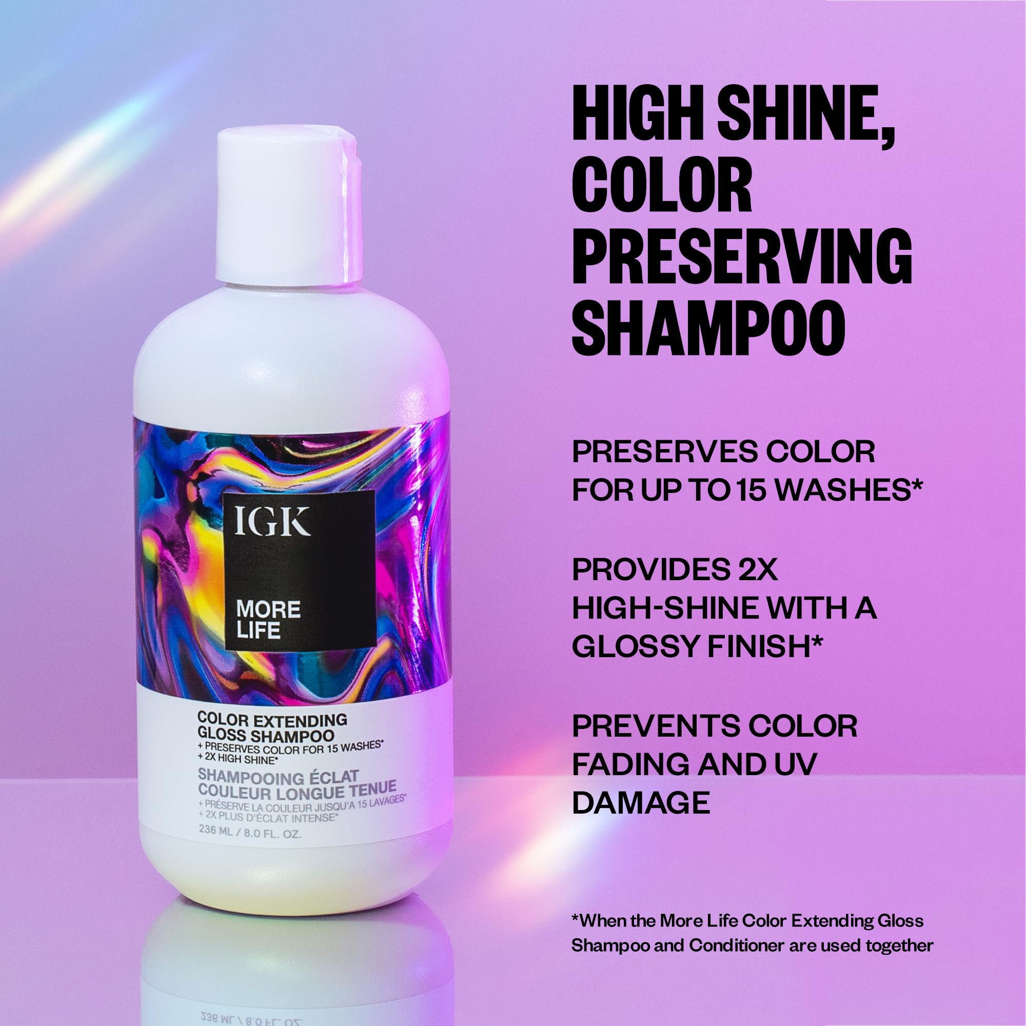 IGK More Life label close-up showing UV protection and color-locking polymers