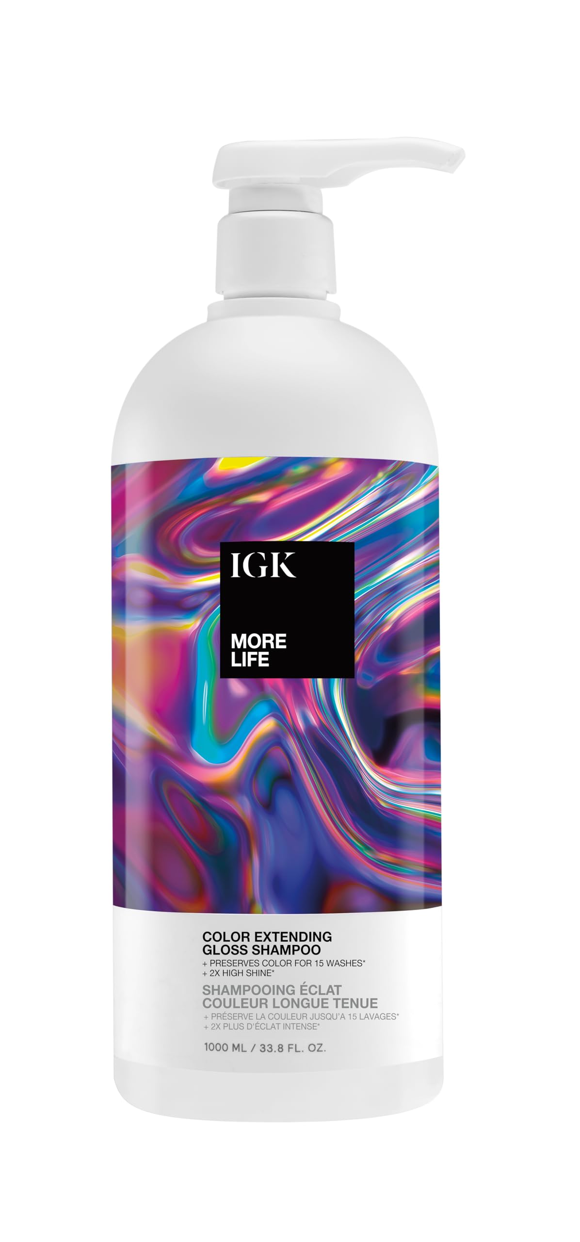 IGK More Life Color Extending Gloss Shampoo bottle pour highlighting color longevity and radiant shine