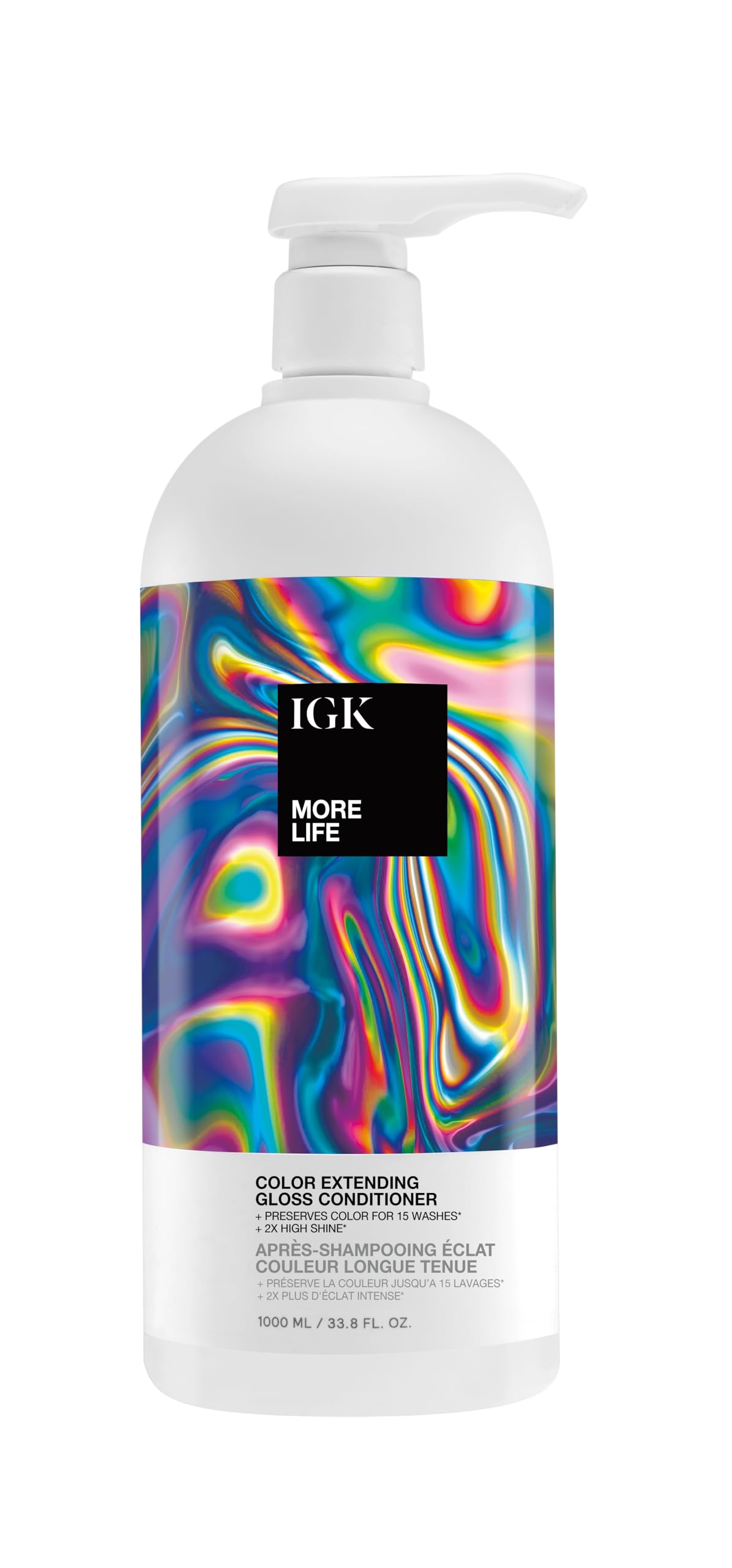 IGK More Life Gloss Conditioner bottle pour reveals color-boosting shine and moisture for color-treated hair