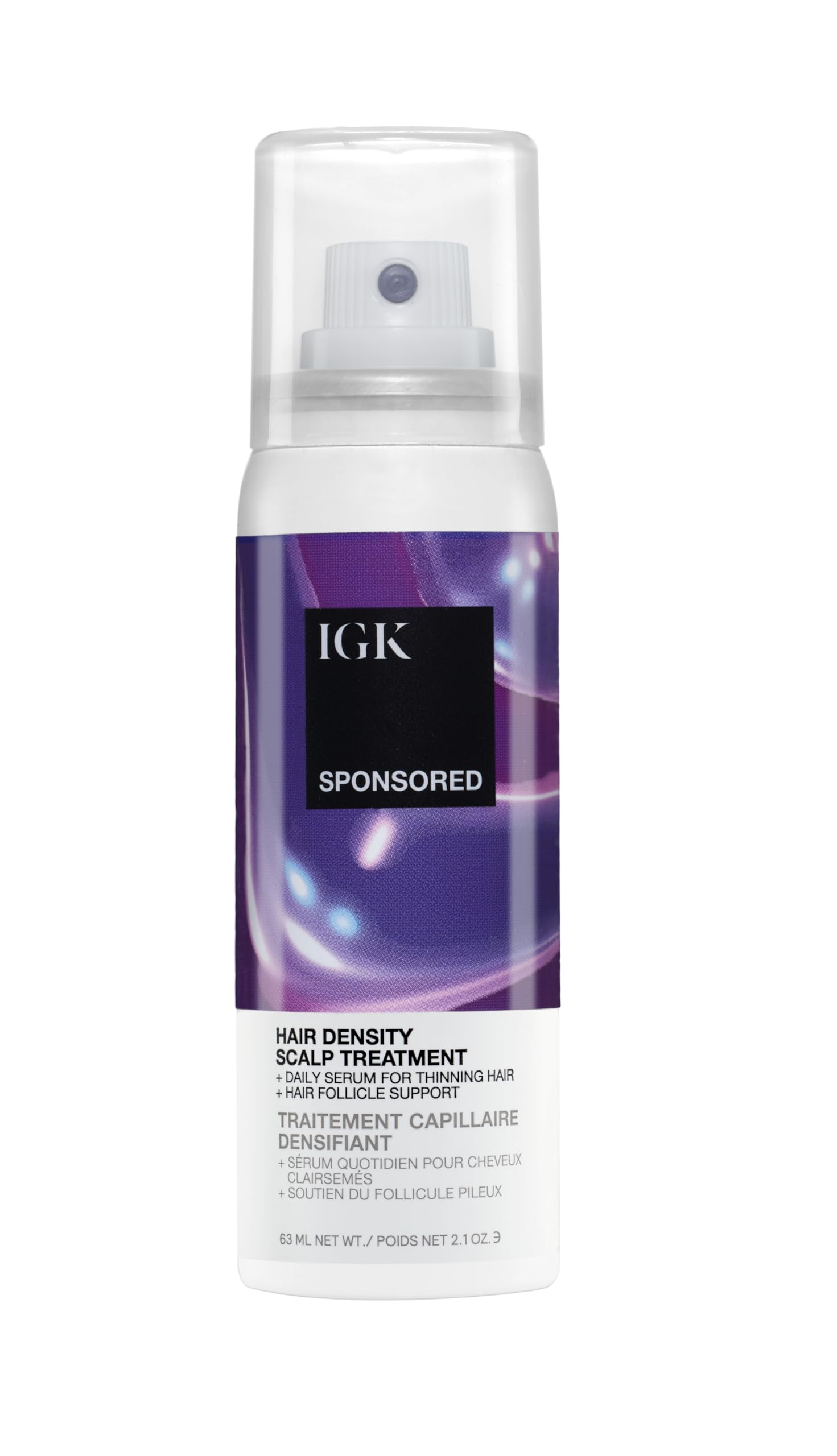 IGK scalp treatment bottle closeup with a cooling, mess-free serum-in-mist feel.