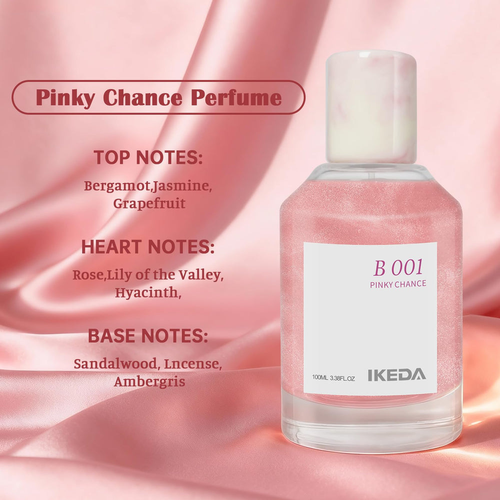 Close-up of Ikeda fragrance notes: rose, jasmine, sandalwood, enhancing luxury feel.