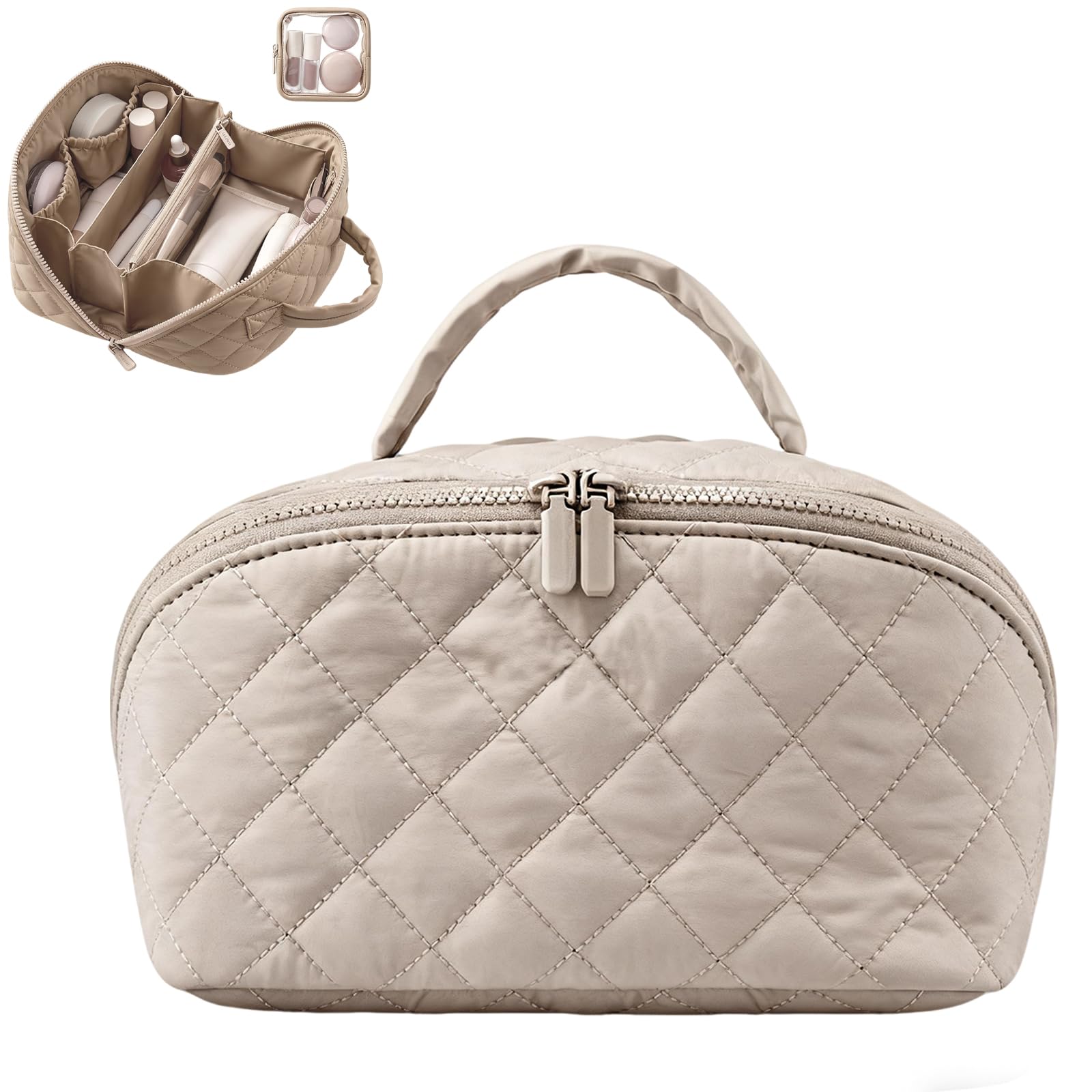 Ikokei travel makeup bag open flat for full visibility of contents.