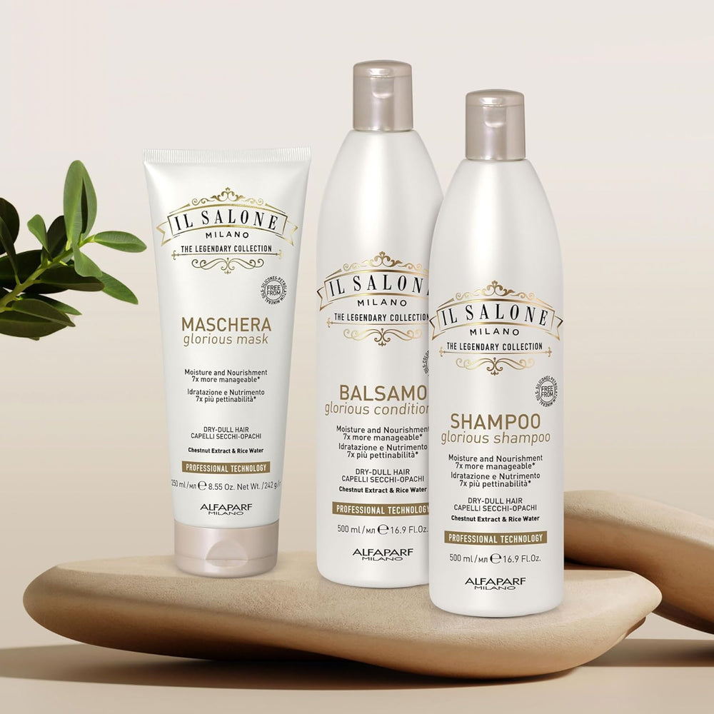 Il Salone Milano Glorious Moisturizing Conditioner active ingredients chestnut and rice extract promoting hydration.