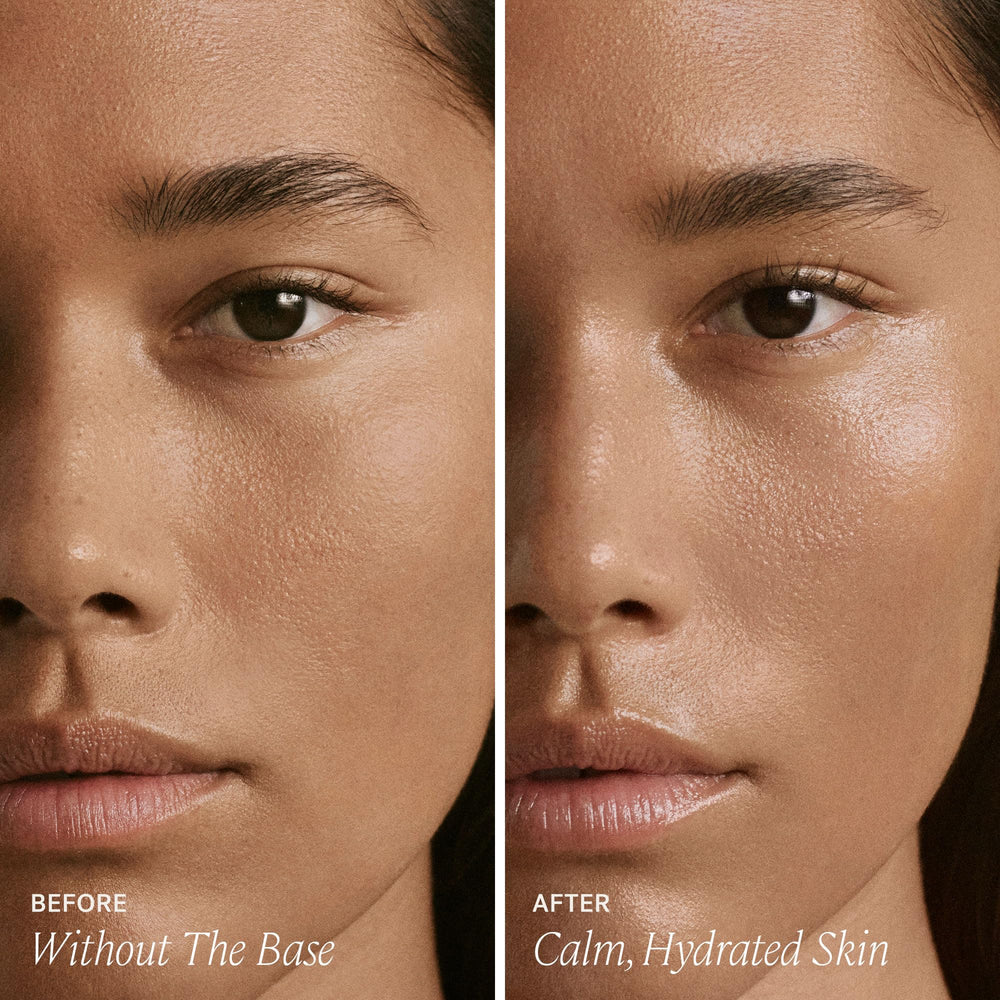 Product being layered under makeup for a calm, even base.