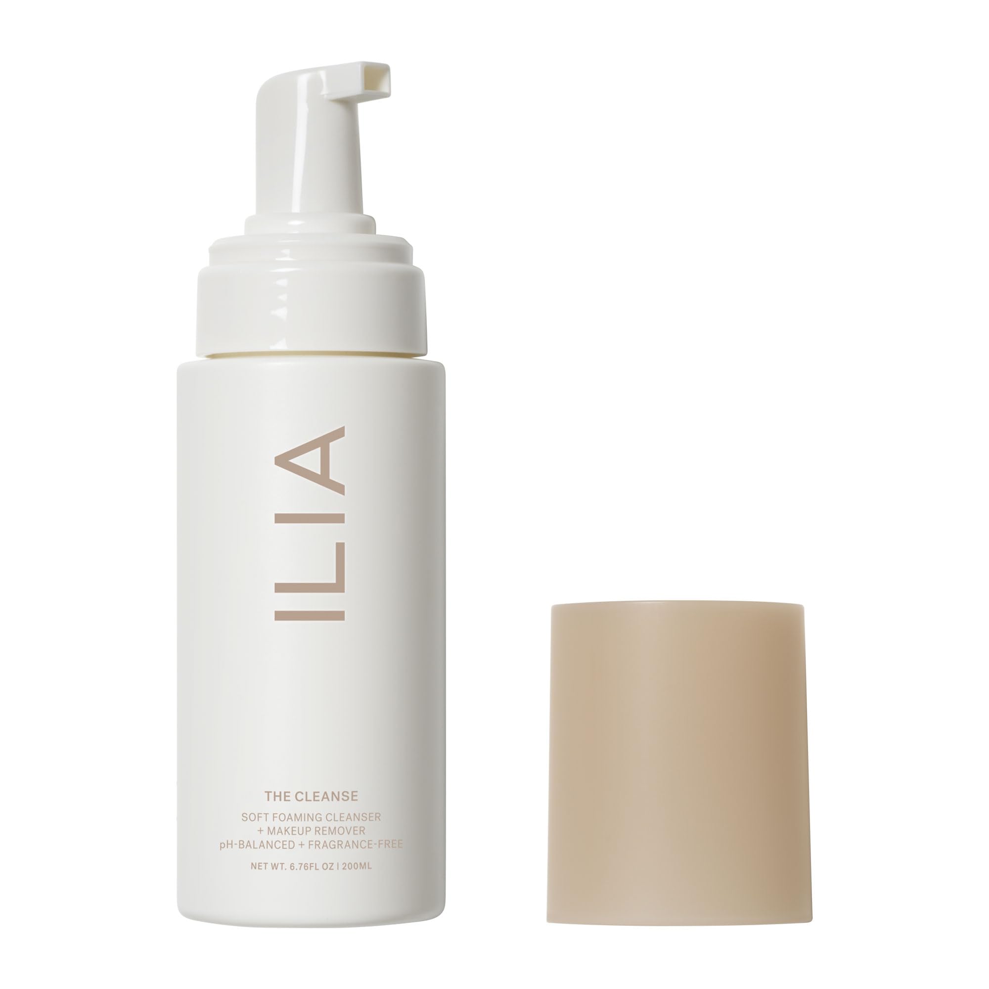ILIA Cleanse bottle pour showing easy dispensing for makeup removal