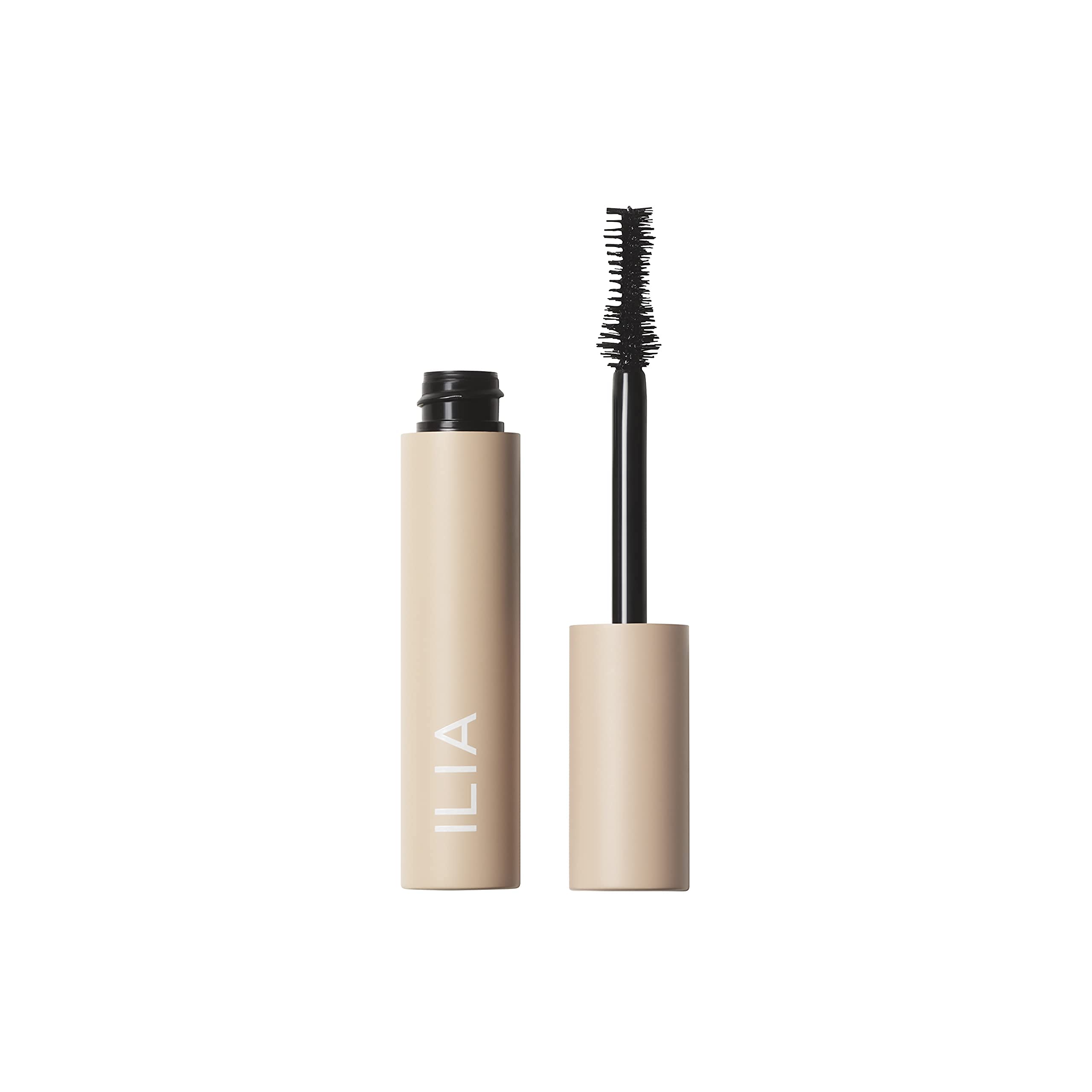 ILIA Fullest Volumizing Mascara bottle close-up highlights clean packaging and non-toxic appeal.