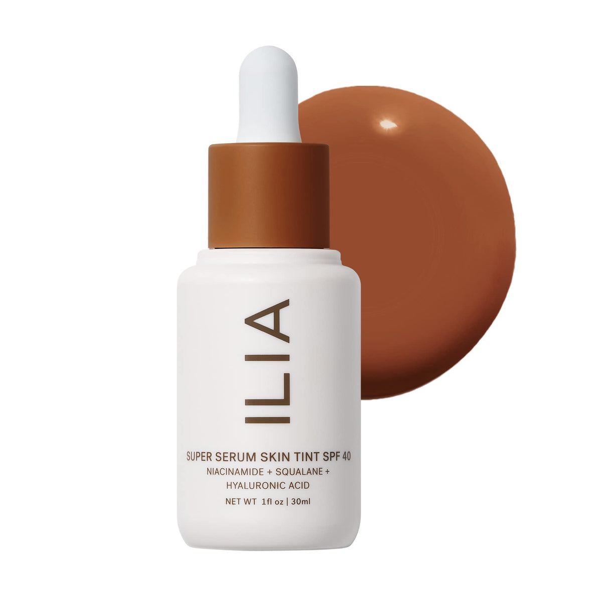 ILIA Super Serum Skin Tint SPF40 bottle close-up showing dewy finish