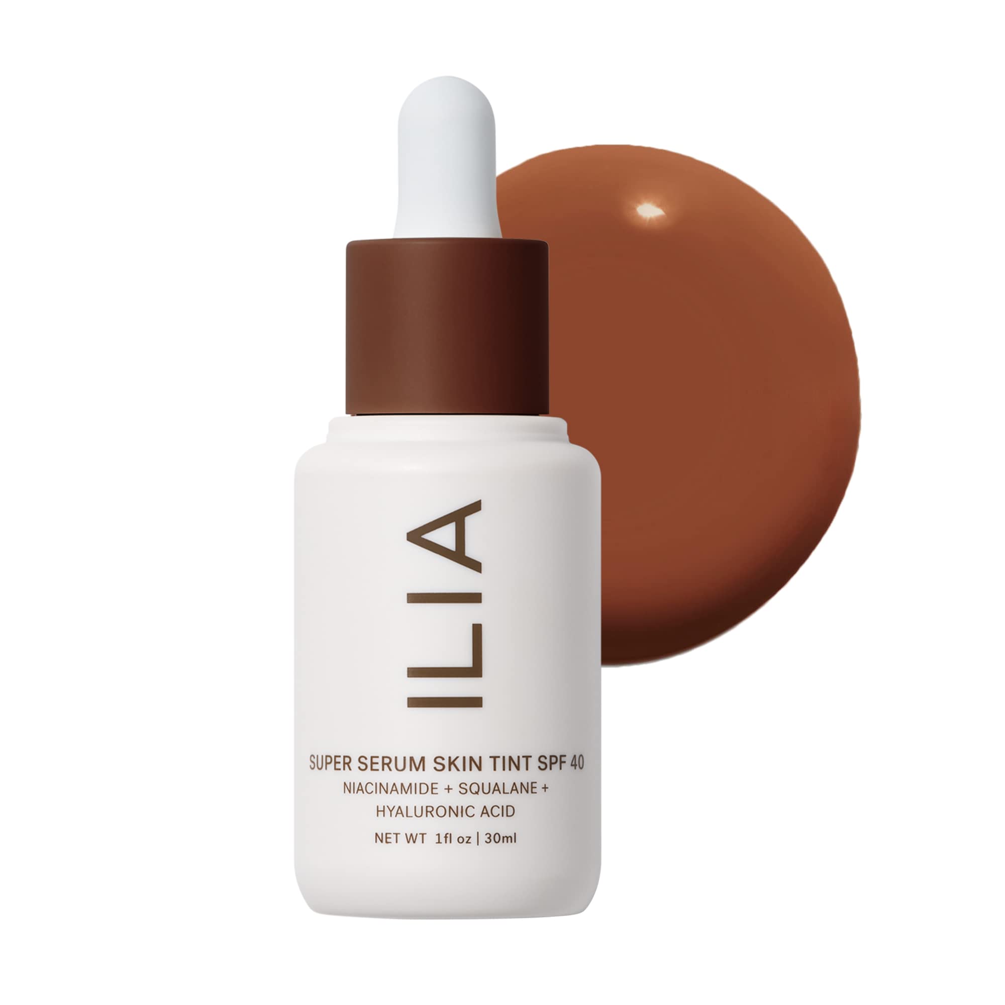 ILIA Super Serum Skin Tint bottle closeup with dewy finish