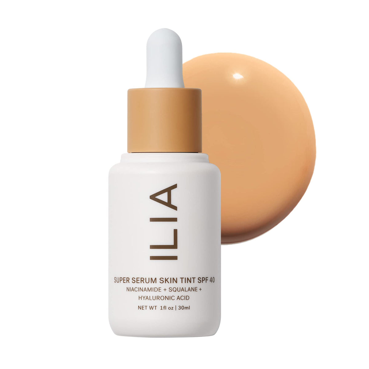 ILIA Super Serum Skin Tint SPF 40 bottle close-up showing mineral protection and hydration.