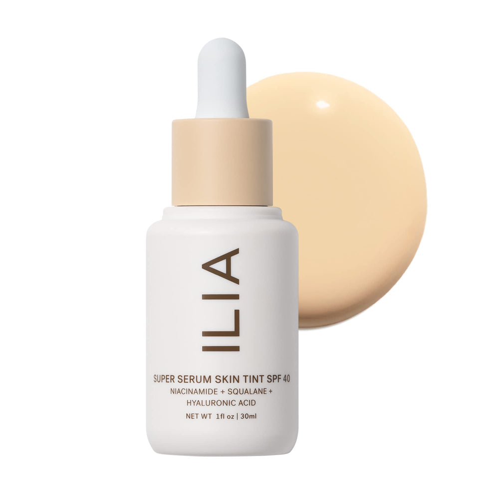 ILIA Super Serum Skin Tint SPF 40 bottle close-up with a dewy finish.