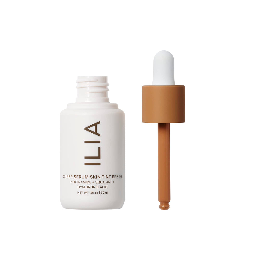 ILIA Super Serum Skin Tint pump demonstrates lightweight, breathable texture.