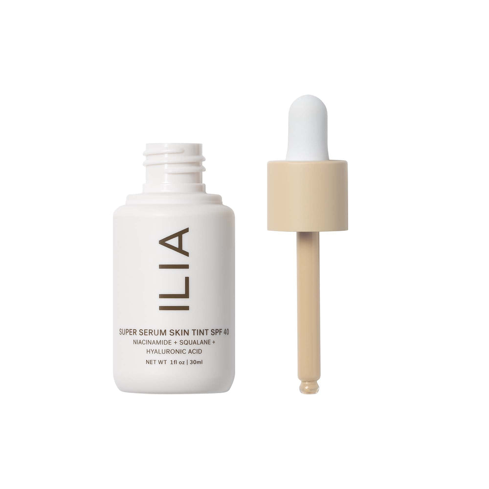 ILIA Super Serum Skin Tint SPF 40 swatches on skin show buildable coverage.