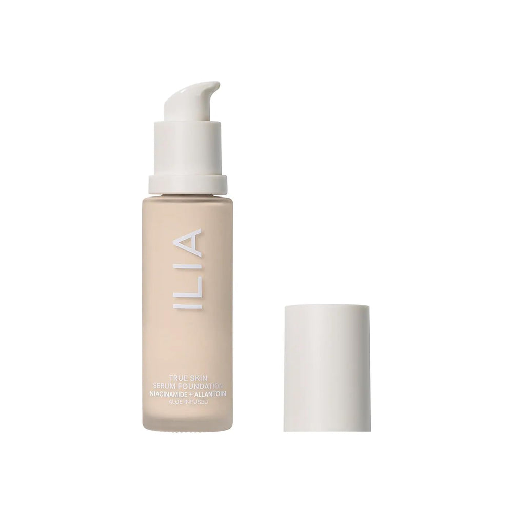 ILIA True Skin Serum Foundation bottle showing weightless, skin-like finish