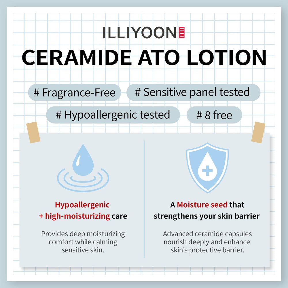Illiyoon Ceramide Ato Lotion label close-up highlighting skin barrier support.