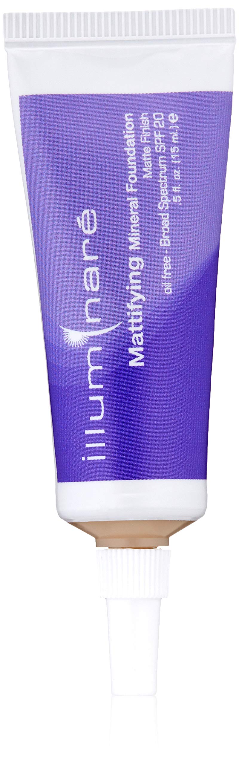 ILLUMINARE mattifying mineral foundation Amalfi Alabaster bottle with squeeze-tube for oil control and SPF 21.