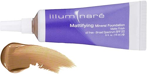 ILLUMINARÉ Mattifying Mineral Foundation Sienna Sun bottle shows oil control and SPF protection.