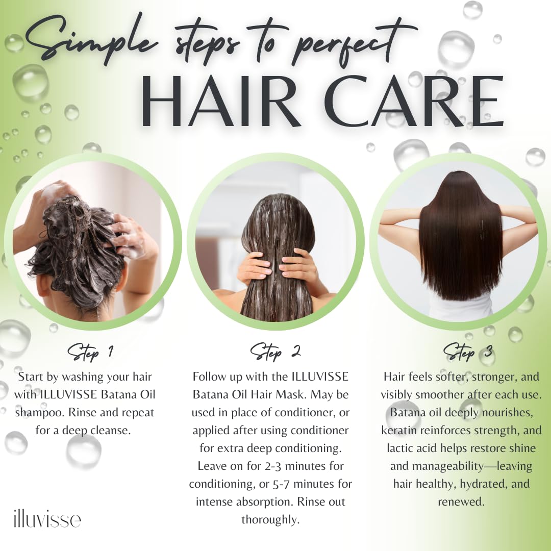 ILLUVISSE Batana Oil Hair Mask ingredients bottle emphasizing natural oils and keratin