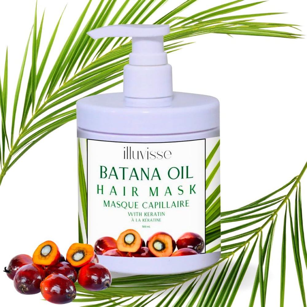 ILLUVISSE Batana Oil Hair Mask jar front highlighting premium conditioning for dry hair