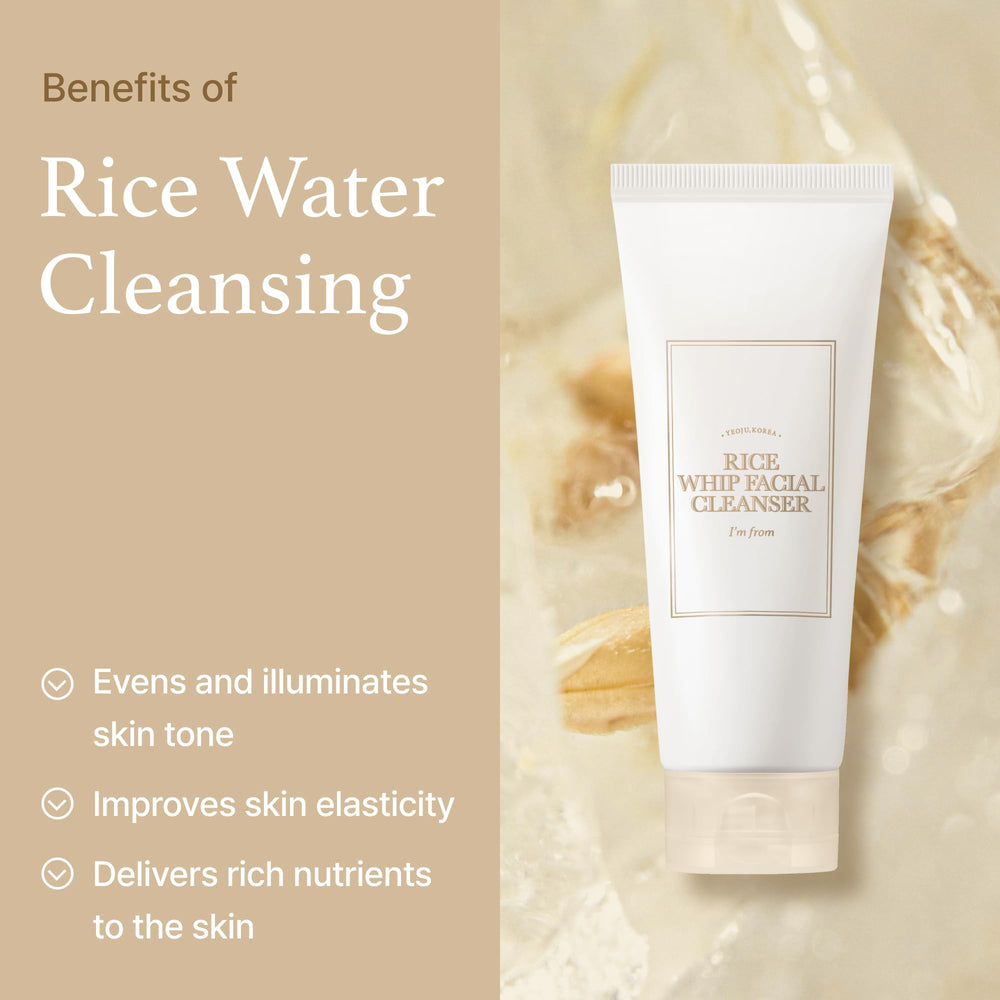 Key ingredients label showing rice water, hyaluronic acid, and panthenol for hydration.