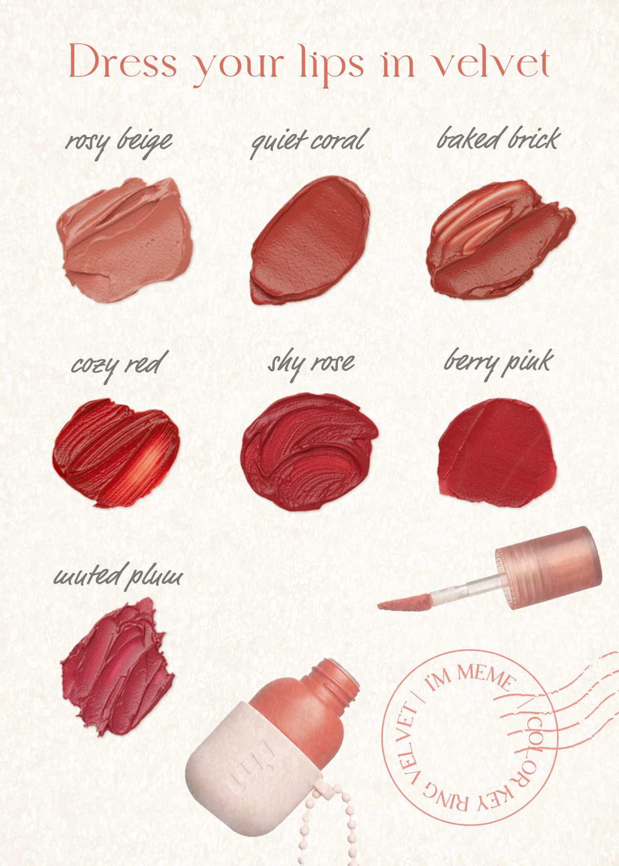 IM MEME Color Key Ring Velvet Tint close-up bottle highlighting travel-friendly packaging.