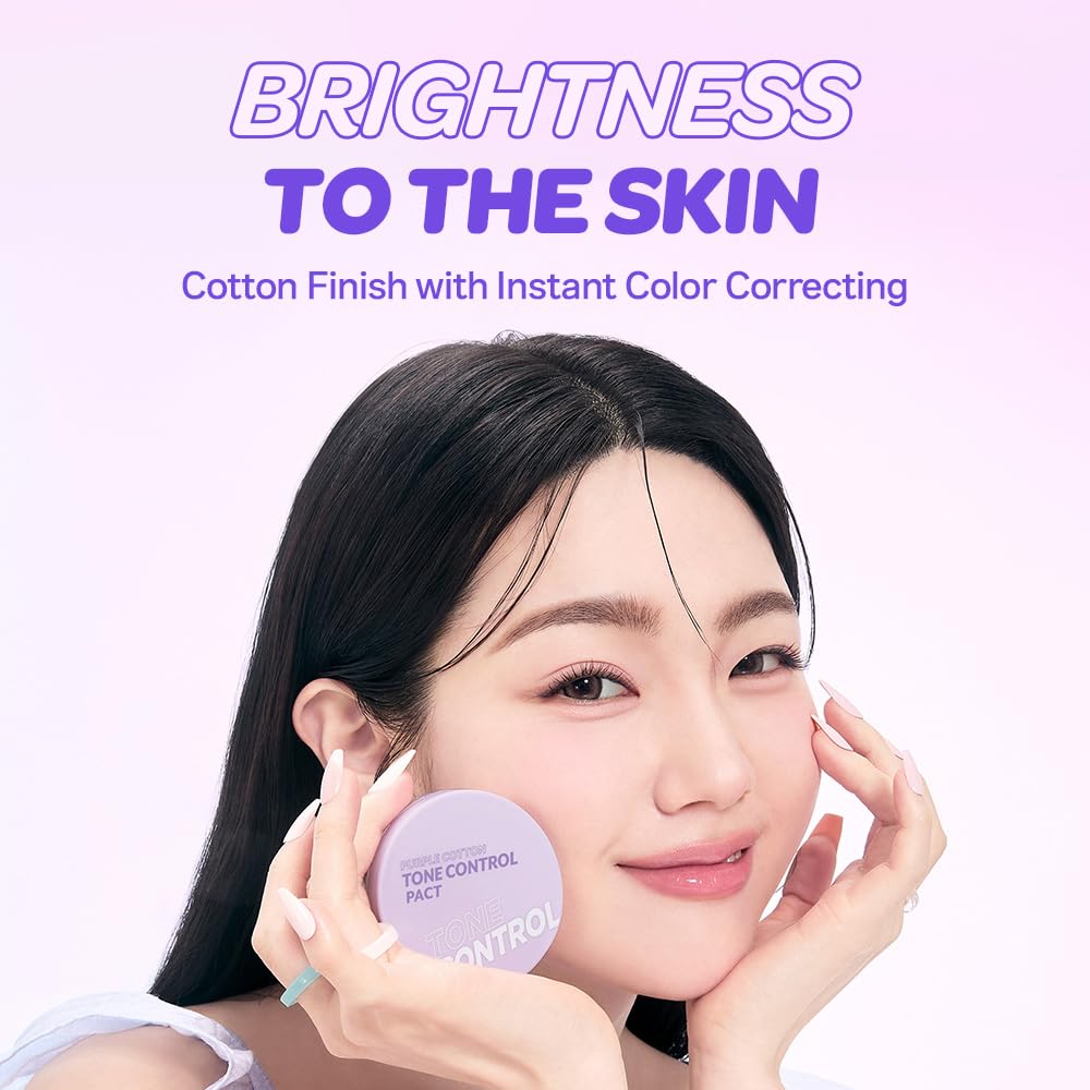 I'M MEME Compact purple cotton tone control pact close-up highlights pink pearls for glow.